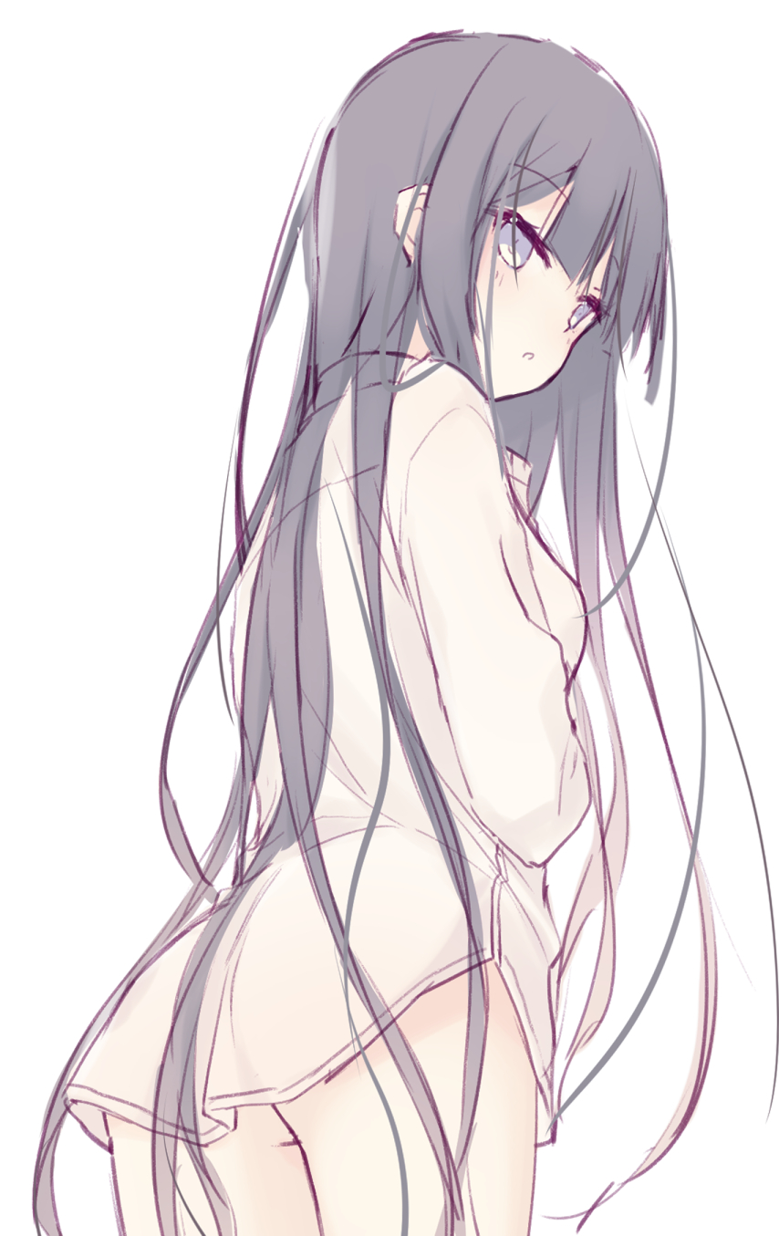 1girl ass bangs black_hair breasts collared_shirt eyebrows_visible_through_hair grey_eyes highres humuyun long_sleeves looking_at_viewer looking_back naked_shirt original parted_lips shirt simple_background small_breasts solo white_background white_shirt
