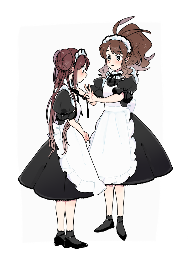 2girls adjusting_neckwear alternate_costume apron black_dress black_footwear black_neckwear black_ribbon blush brown_hair closed_mouth commentary double_bun dress enmaided grey_legwear hagetapo high_ponytail hilda_(pokemon) long_hair maid maid_headdress multiple_girls neck_ribbon pokemon pokemon_(game) pokemon_bw pokemon_bw2 ribbon rosa_(pokemon) shoes short_sleeves sidelocks simple_background socks standing white_apron white_background