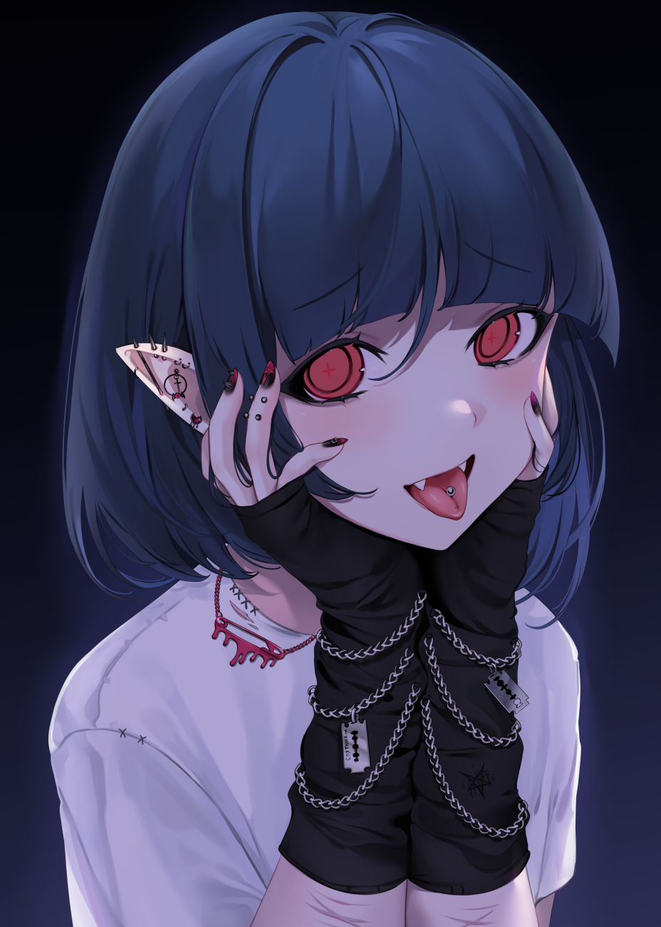 1girl bangs black_hair blue_hair blunt_bangs commentary_request hands_on_own_face highres jewelry looking_at_viewer nail_polish necklace ompf open_mouth original red_eyes smile solo