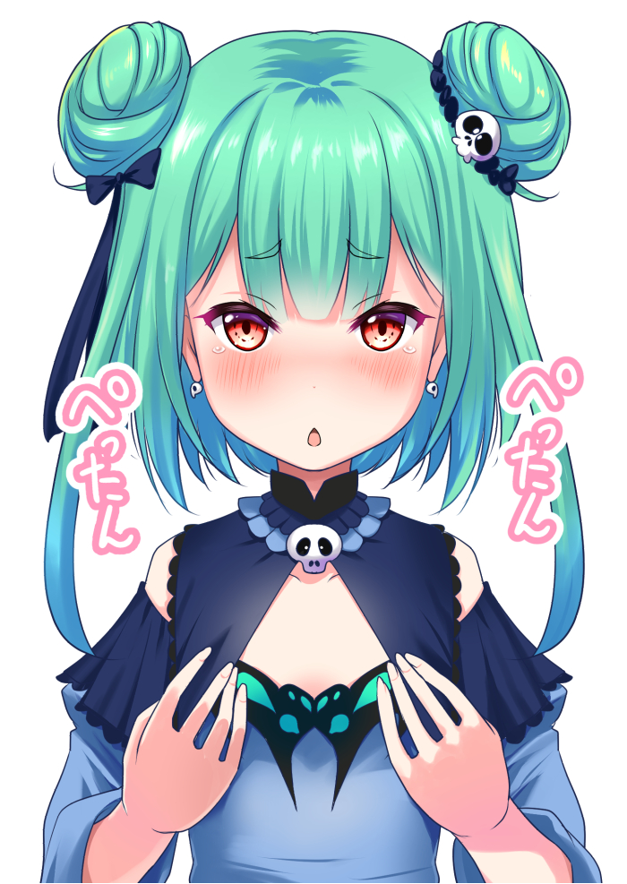 1girl blue_dress bow commentary_request double_bun dress earrings flat_chest green_hair hair_bow hair_ornament hololive jewelry pony_r red_eyes skull_earrings skull_hair_ornament solo tears translated upper_body uruha_rushia virtual_youtuber