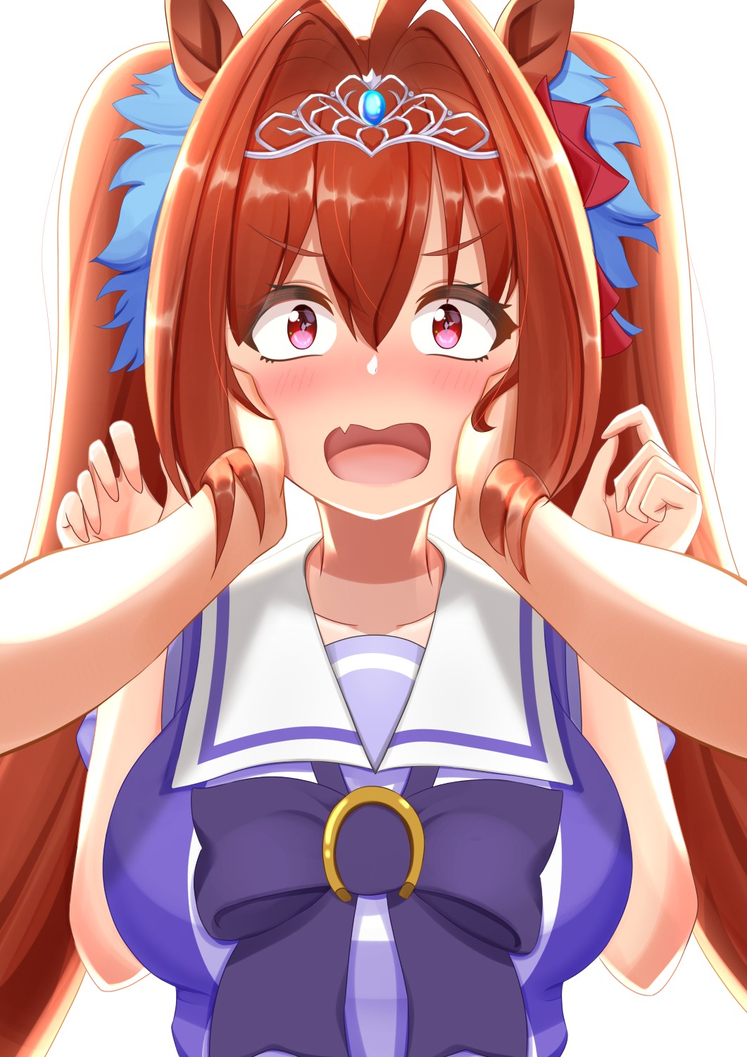 1girl animal_ears bow breasts brown_hair collarbone commentary_request daiwa_scarlet_(umamusume) eyebrows_visible_through_hair fang hair_between_eyes hair_bow hands_on_another's_face highres horse_ears horse_girl horseshoe horseshoe_ornament large_bow large_breasts long_hair looking_at_viewer open_mouth pov pov_hands purple_bow purple_shirt red_bow red_eyes sailor_collar sailor_shirt school_uniform serafuku shirt short_sleeves simple_background solo_focus summer_uniform surprised tiara tracen_school_uniform umamusume upper_body very_long_hair white_background yukinko_(giru1234)