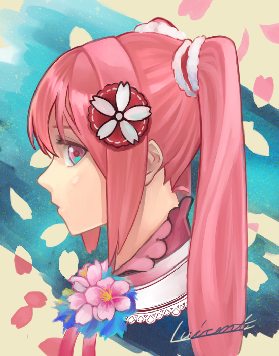 1girl closed_mouth flower from_side hair_ornament hatsune_miku long_hair looking_at_viewer looking_to_the_side luicent pink_eyes pink_flower pink_hair portrait profile sakura_miku sideways_glance signature solo vocaloid