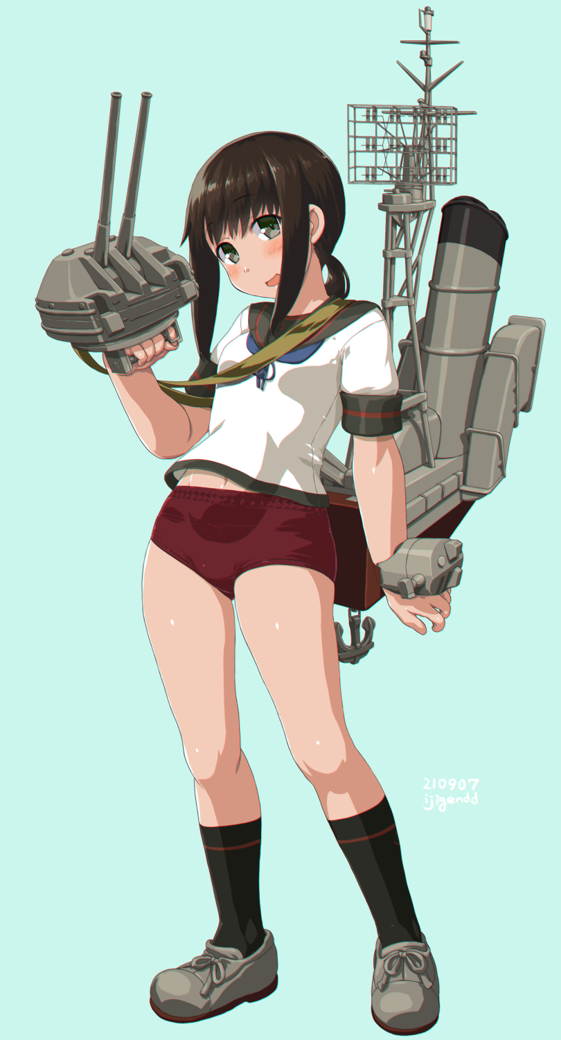 1girl adapted_turret black_hair black_legwear black_sailor_collar blush breasts buruma cannon dd_(ijigendd) fubuki_(kancolle) full_body green_eyes grey_footwear highres kantai_collection kneehighs looking_at_viewer low_ponytail open_mouth ponytail red_buruma remodel_(kantai_collection) rigging sailor_collar school_uniform serafuku short_ponytail sidelocks small_breasts smokestack solo standing torpedo torpedo_launcher torpedo_tubes