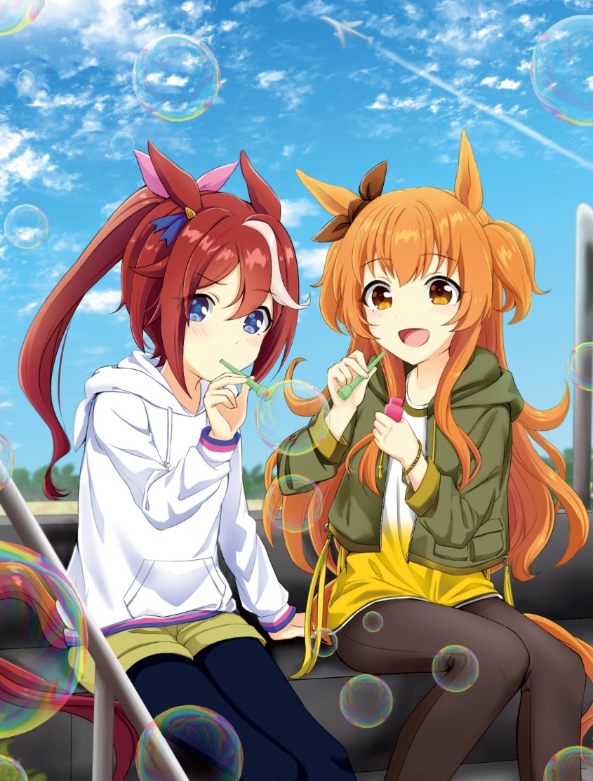 2girls aircraft airplane animal_ears black_legwear blue_eyes blue_sky brown_hair brown_jacket brown_ribbon brown_shirt bubble bubble_blowing bubble_pipe clouds cloudy_sky commentary_request condensation_trail day drawstring ear_ribbon eyebrows_visible_through_hair holding hood hood_down hooded_jacket hoodie horse_ears horse_tail jacket kuonkimi legwear_under_shorts long_hair long_sleeves looking_at_another looking_at_viewer mayano_top_gun_(umamusume) multicolored_hair multiple_girls open_clothes open_jacket open_mouth orange_eyes orange_hair outdoors pantyhose ponytail purple_ribbon ribbon shirt shorts sitting sky smile streaked_hair tail tokai_teio_(umamusume) twintails two_side_up umamusume white_hair white_hoodie yellow_shirt