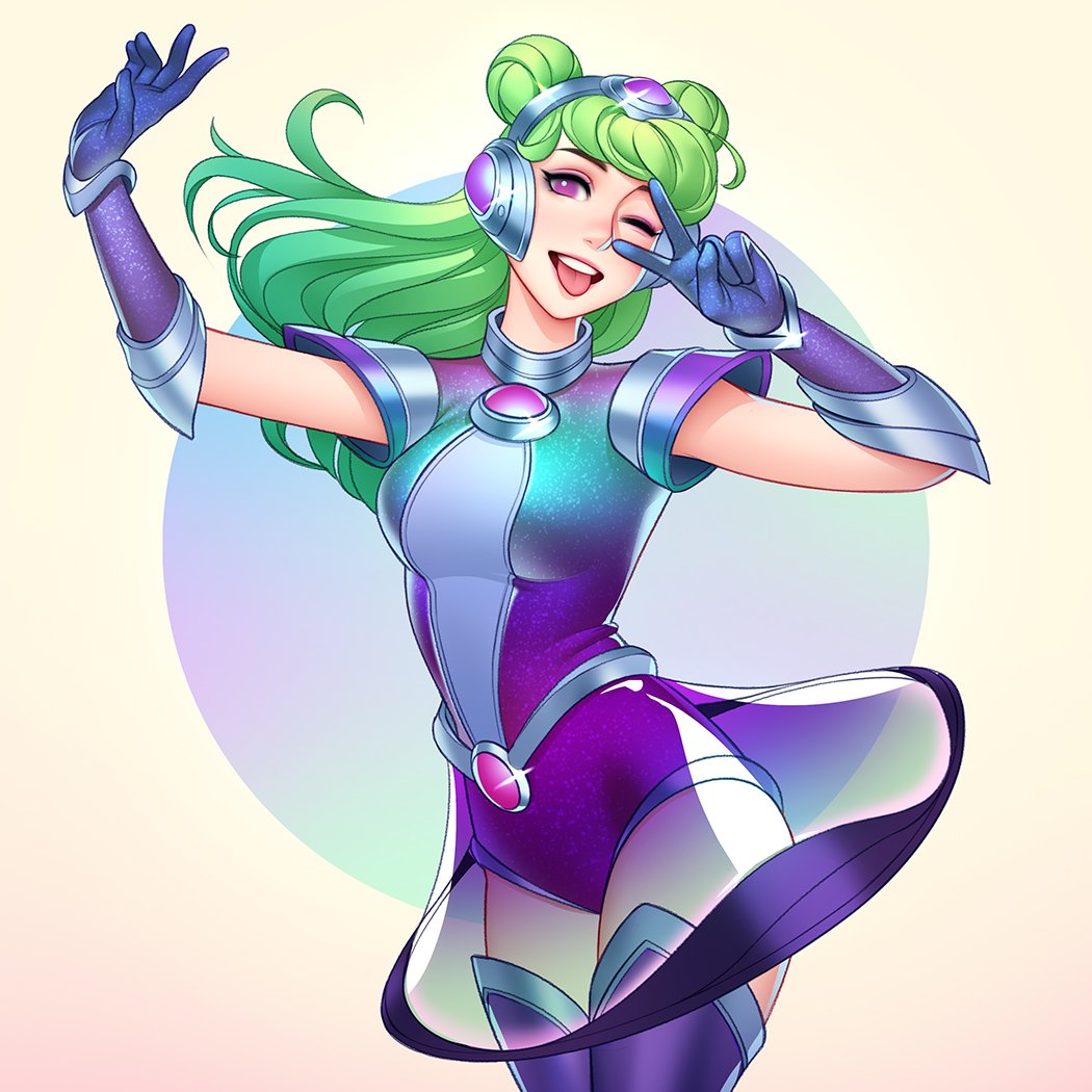 1girl arm_up armor bangs blue_background blue_gloves boots breasts cowboy_shot double_bun dress floating_hair gloves green_hair hand_up headgear large_breasts league_of_legends leotard long_hair looking_at_viewer lux_(league_of_legends) one_eye_closed open_mouth pink_eyes purple_gloves see-through shiny shoulder_armor smile solo space_groove_lux thigh-highs thigh_boots tongue tongue_out tsuaii upper_teeth v white_background