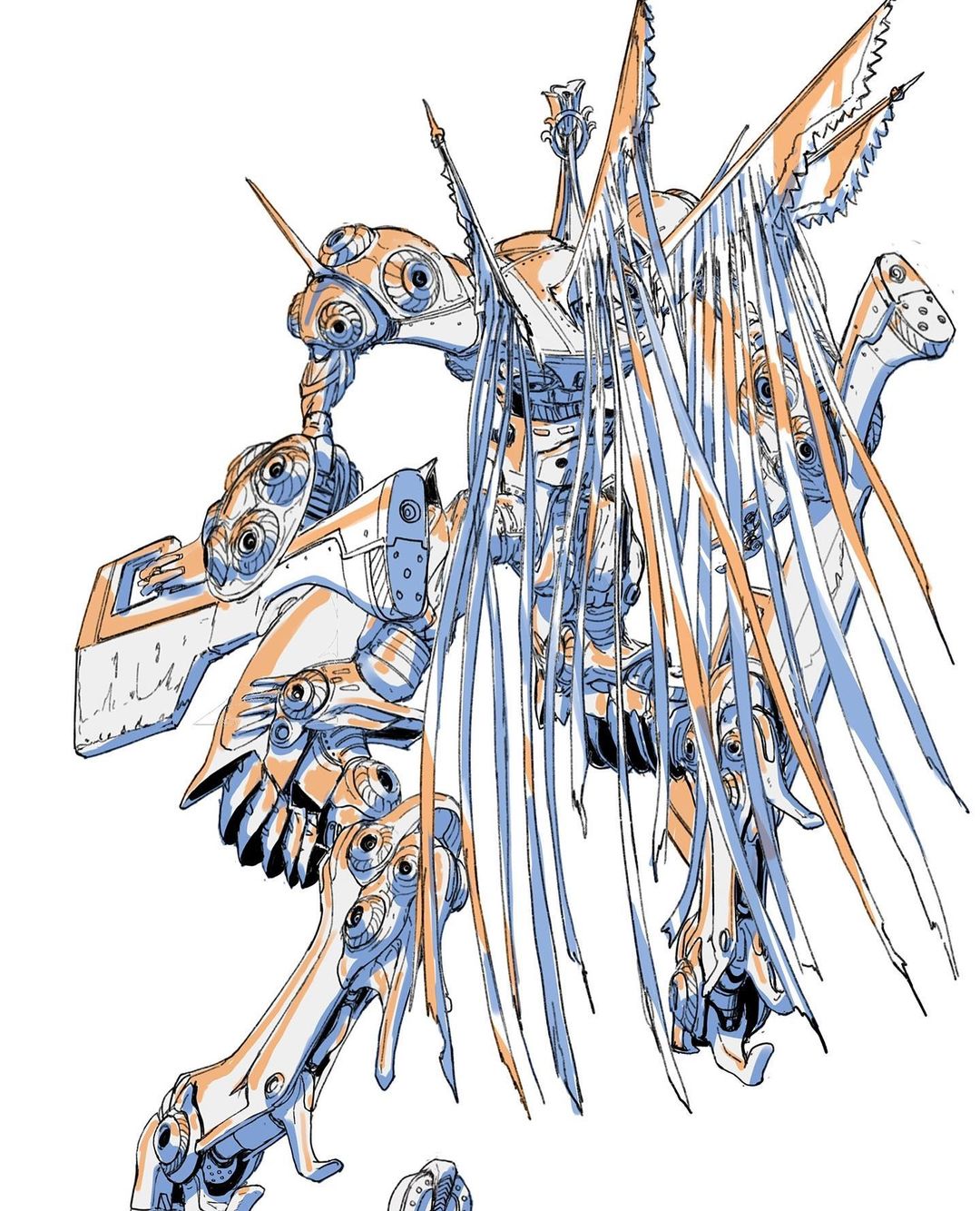 arm_cannon from_behind highres limited_palette mecha mechanical_wings no_humans official_art production_art science_fiction solo standing tenjin_hidetaka weapon white_background wings yasuke_(anime)