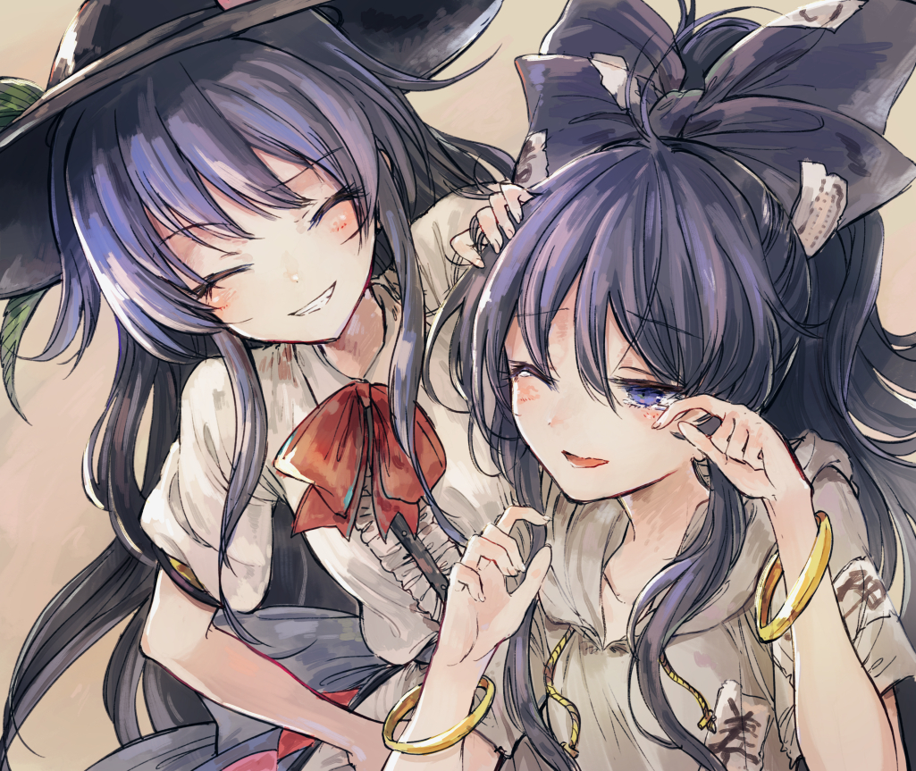 2girls bangle blue_eyes blue_hair blush bow bracelet center_frills closed_eyes debt eyebrows_visible_through_hair food-themed_hair_ornament frills hair_between_eyes hair_bow hair_ornament hand_on_another's_head hat hinanawi_tenshi hisona_(suaritesumi) hood hoodie jewelry long_hair multiple_girls one_eye_closed open_mouth peach_hair_ornament puffy_short_sleeves puffy_sleeves red_neckwear red_ribbon ribbon short_sleeves smile tears touhou yorigami_shion