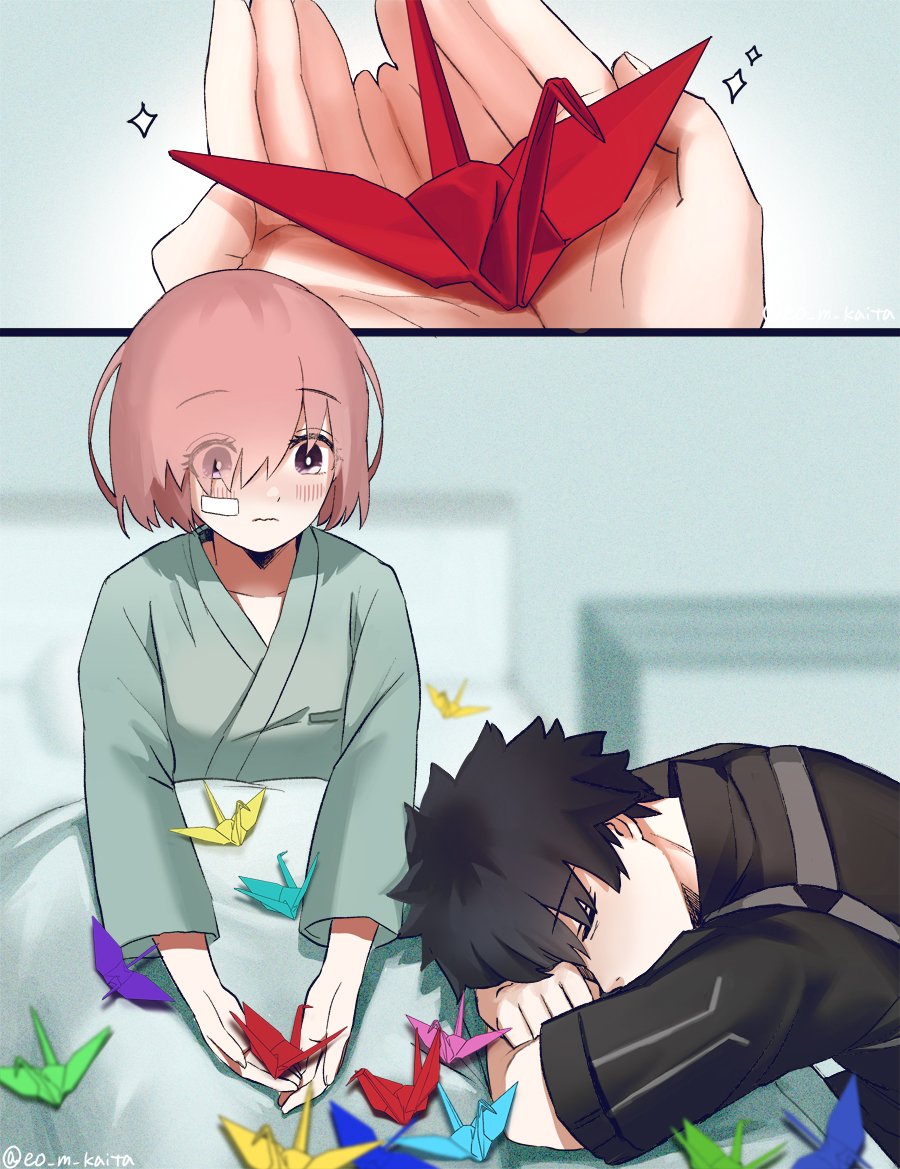1boy 1girl alternate_costume bandages bandaid bandaid_on_face bed bed_sheet black_hair black_shirt blush closed_eyes closed_mouth collarbone commentary_request eyebrows_visible_through_hair eyes_visible_through_hair fate/grand_order fate_(series) fujimaru_ritsuka_(male) hair_over_one_eye holding hospital_gown indoors kaita_(mokamilkcup) long_sleeves lying mash_kyrielight on_bed origami paper_crane pink_hair pointy_hair polar_chaldea_uniform shirt short_hair short_sleeves sitting sitting_on_bed sleeping twitter_username uniform violet_eyes