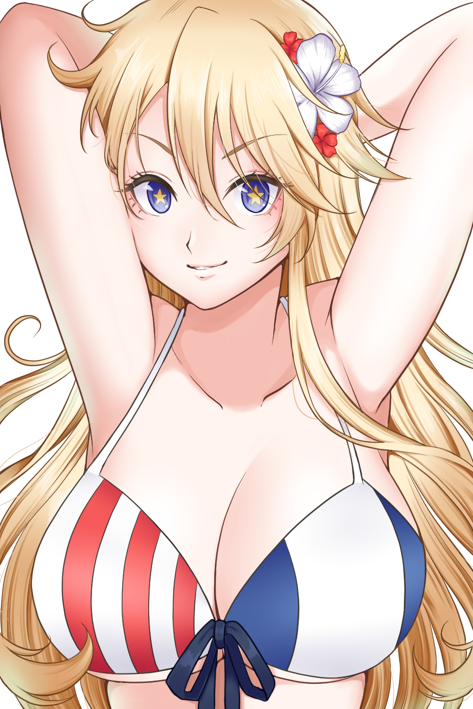 1girl alternate_costume american_flag_bikini arms_behind_head arms_up bikini blonde_hair blue_eyes breasts flag_print flower front-tie_bikini front-tie_top hair_flower hair_ornament highres iowa_(kancolle) kantai_collection large_breasts long_hair red_flower solo star-shaped_pupils star_(symbol) swimsuit symbol-shaped_pupils white_flower yomogi_dango