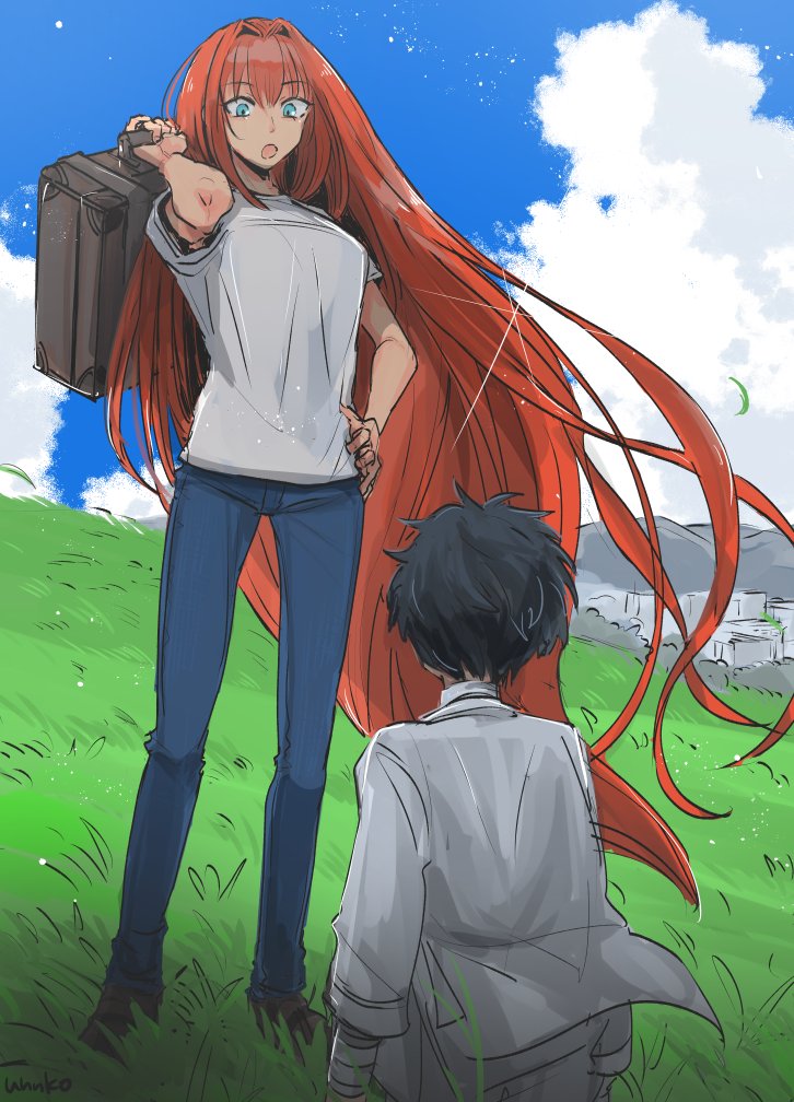 1boy 1girl aozaki_aoko back bandaged_arm bandages bangs black_hair blue_eyes blue_pants blue_sky breasts clouds commentary_request day denim eyebrows_visible_through_hair floating_hair grass hair_between_eyes hair_intakes hand_on_hip holding holding_suitcase jeans long_hair looking_at_another open_mouth outdoors pajamas pants redhead shirt short_hair short_sleeves sidelocks signature sky suitcase t-shirt tohno_shiki tsukihime uhana very_long_hair white_shirt younger