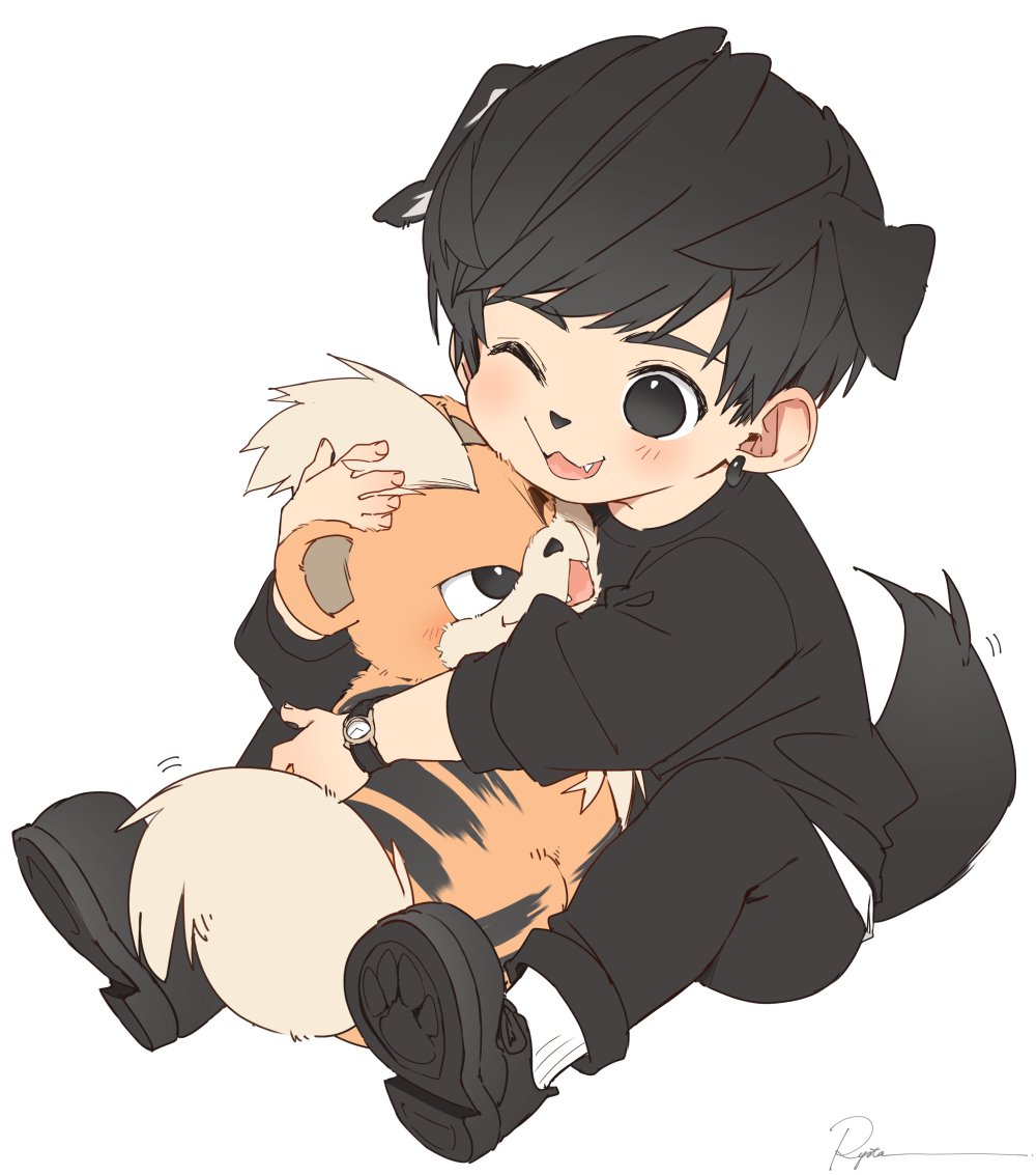 1boy animal_ears bangs black_eyes black_footwear black_hair black_pants black_shirt blush dog_boy dog_ears dog_nose dog_tail earrings gen_1_pokemon growlithe hug jewelry long_sleeves one_eye_closed open_mouth original pants pokemon ryota_(ry_o_ta) shirt shoes short_hair signature simple_background sitting smile socks solo tail watch watch white_background white_legwear