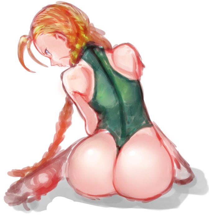 1girl ahoge ass blonde_hair blue_eyes braid cammy_white closed_mouth green_leotard leotard long_hair looking_at_viewer nyantiu scar simple_background solo street_fighter street_fighter_ii_(series) thong_leotard white_background