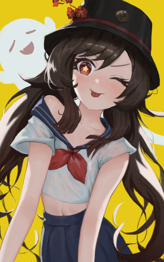 1girl ;p bare_shoulders brown_hair closed_eyes genshin_impact ghost hat hu_tao_(genshin_impact) looking_at_viewer midriff navel off_shoulder one_eye_closed pleated_skirt red_eyes sailor_collar school_uniform serafuku short_sleeves simple_background skirt smile solo somupa star-shaped_pupils star_(symbol) symbol-shaped_pupils tongue tongue_out top_hat twintails yellow_background