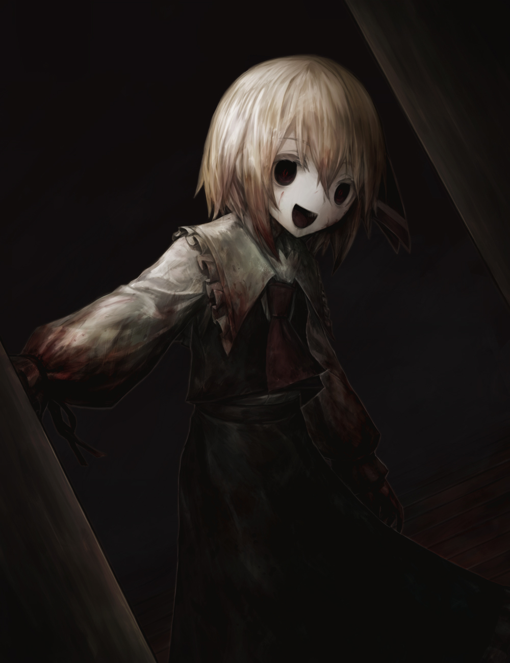 1girl ascot black_skirt black_vest blonde_hair blood blood_on_clothes blood_on_face blood_on_hands empty_eyes eyebrows_visible_through_hair hair_between_eyes highres horror_(theme) long_sleeves looking_at_viewer mixed-language_commentary open_mouth red_eyes red_neckwear rumia shirt short_hair skirt solo spark621 touhou vest white_shirt