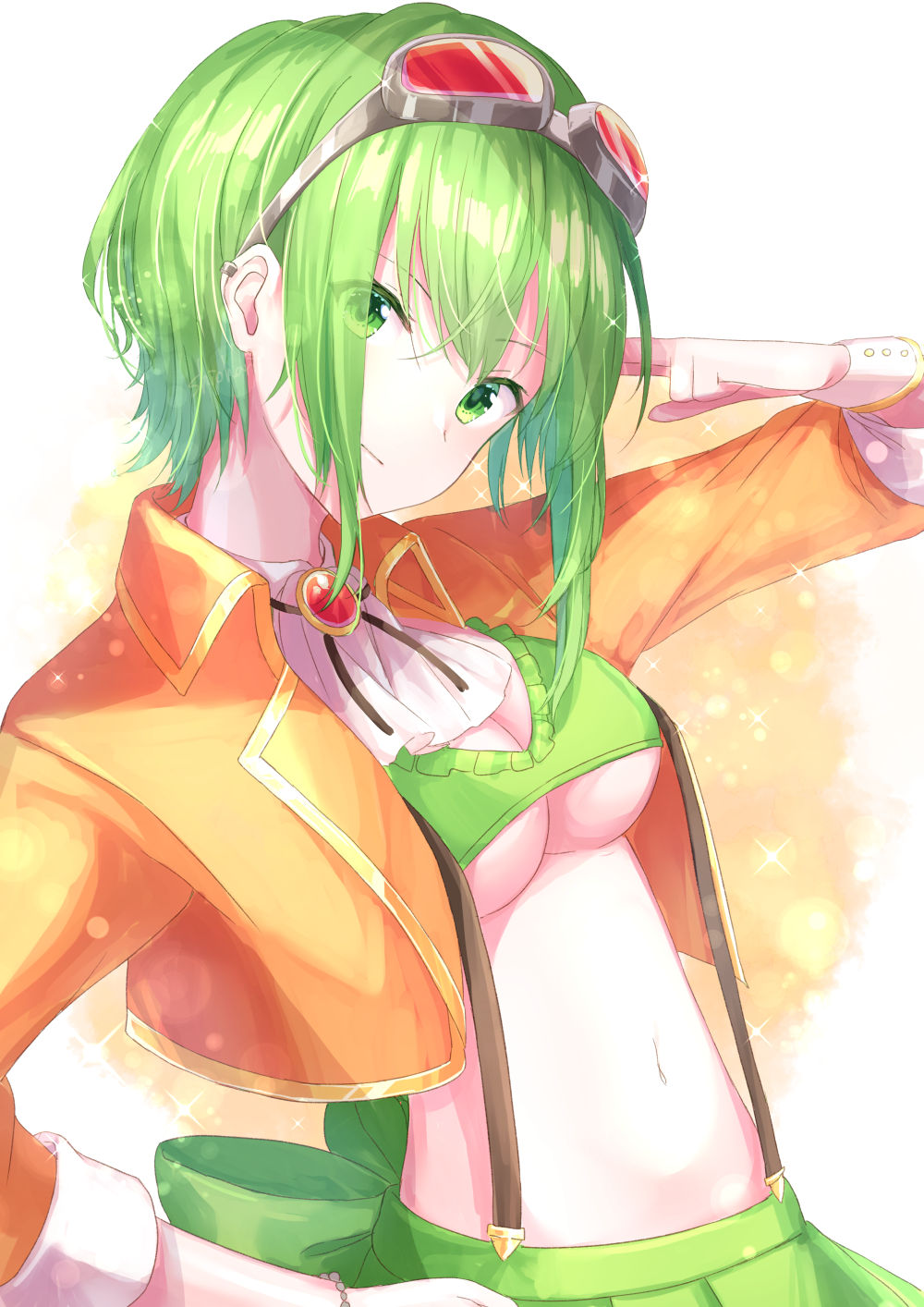 1girl arm_up ascot breasts brooch closed_mouth cropped_jacket gem goggles goggles_on_head green_eyes green_hair green_skirt gumi hand_on_hip head_tilt highres jacket jewelry long_sleeves looking_at_viewer medium_breasts navel open_clothes open_jacket orange_background orange_jacket pleated_skirt ruby_(gemstone) shiohari_kanna short_hair sidelocks skirt smile solo sparkle stomach suspender_skirt suspenders under_boob vocaloid white_neckwear