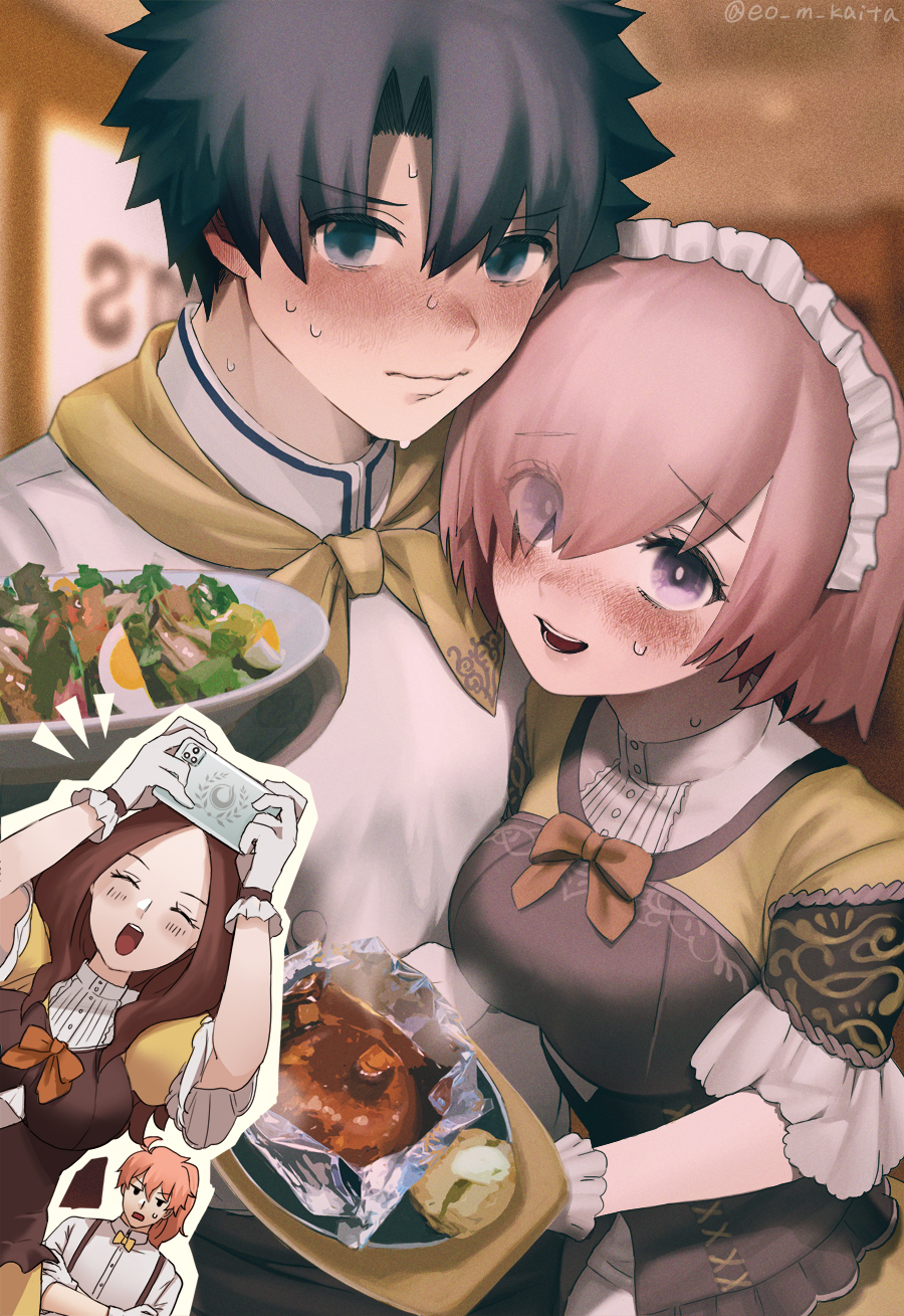 2boys 2girls ahoge alternate_costume bangs black_eyes black_hair blush bow bowtie breasts brown_dress brown_hair cellphone chaldea_logo chef_uniform closed_eyes closed_mouth commentary_request crossed_arms dress eyebrows_visible_through_hair eyes_visible_through_hair fate/grand_order fate_(series) food fujimaru_ritsuka_(male) gloves hair_over_one_eye highres holding holding_food indoors kaita_(mokamilkcup) large_breasts leonardo_da_vinci_(fate) lips long_hair looking_at_viewer maid_headdress mash_kyrielight multiple_boys multiple_girls open_mouth orange_hair phone pink_hair plate ponytail puffy_sleeves romani_archaman short_hair short_sleeves smartphone smile suspenders sweatdrop taking_picture teeth twitter_username two-tone_dress uniform violet_eyes white_gloves yellow_bow yellow_dress yellow_neckwear