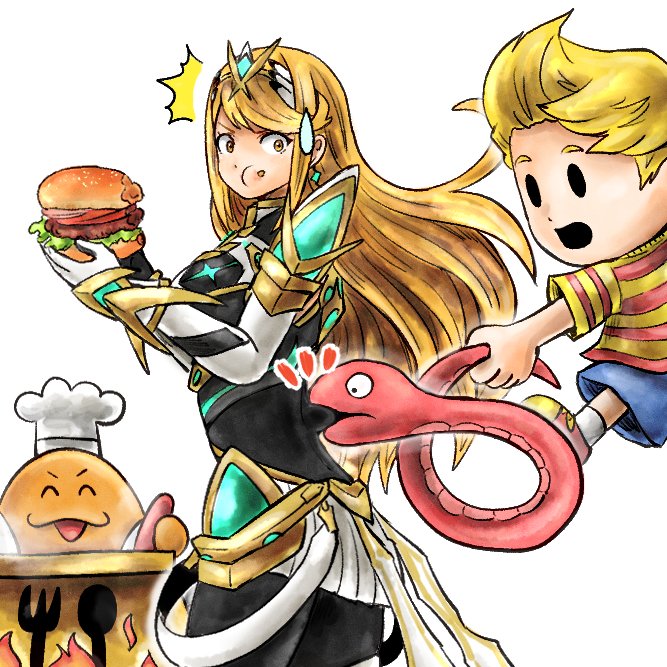 1boy 1girl bangs blonde_hair burger chef_hat eating food hair_ornament hat holding holding_food kicdon long_hair looking_at_another lucas_(mother_3) mother_(game) mother_3 mythra_(xenoblade) shirt short_hair simple_background snake striped striped_shirt super_smash_bros. sweatdrop swept_bangs white_background xenoblade_chronicles_(series) xenoblade_chronicles_2 yellow_eyes