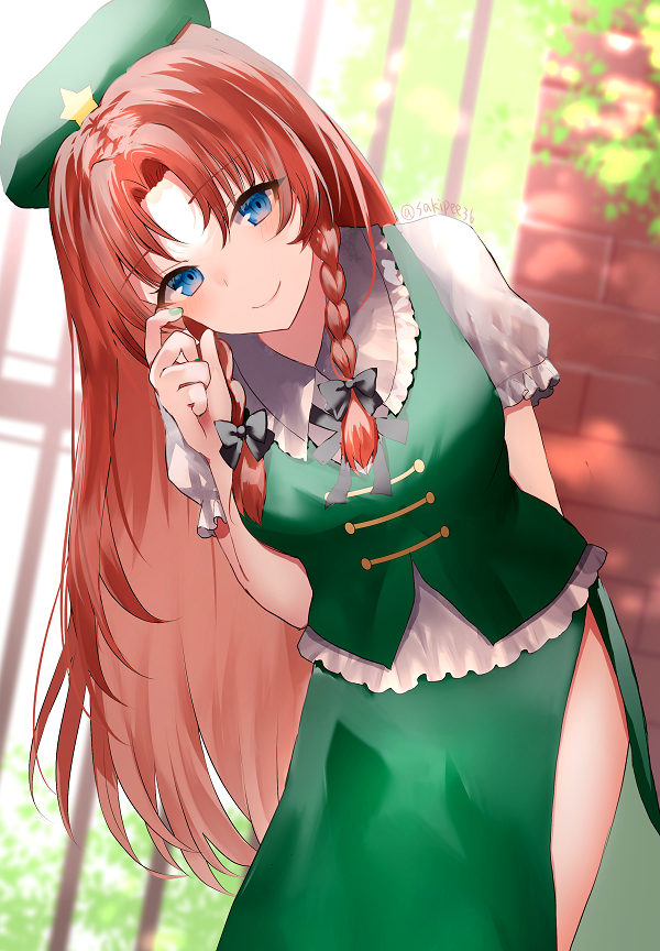 1girl bangs beret black_bow blue_eyes blurry blurry_background bow braid china_dress chinese_clothes closed_mouth dress eyebrows_visible_through_hair green_headwear green_nails green_skirt green_vest hair_bow hat hat_ornament hong_meiling leaning_to_the_side long_hair looking_at_viewer outdoors redhead sakizaki_saki-p shirt short_sleeves side_braids skirt smile solo standing star_(symbol) star_hat_ornament touhou twin_braids twitter_username vest white_shirt