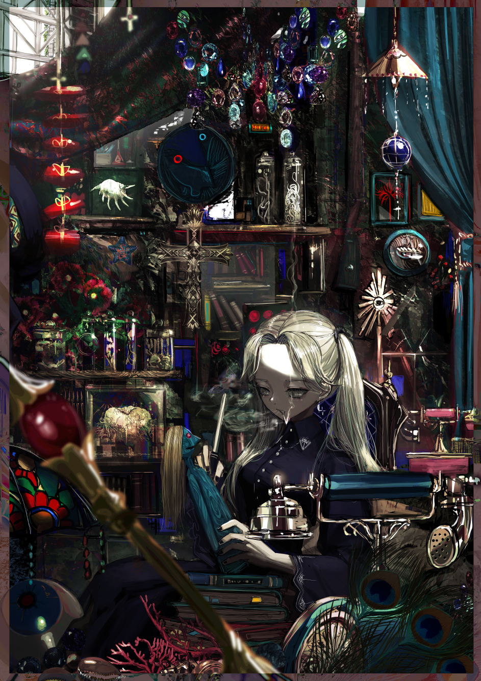 1girl black_dress blurry blurry_foreground book book_stack cigarette clock computer corded_phone doll dress feathers grey_eyes grey_hair highres long_hair narue original phone smoking solo twintails
