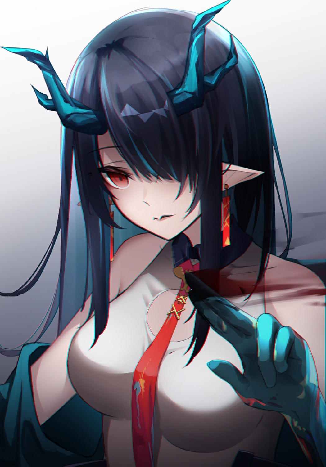 arknights black_collar black_hair blood blue_horns china_dress chinese_clothes collar colored_inner_hair dress dusk_(arknights) gradient gradient_background green_hair hand_up highres horns kureneko multicolored_hair pointy_ears red_eyes red_neckwear upper_body white_dress yandere