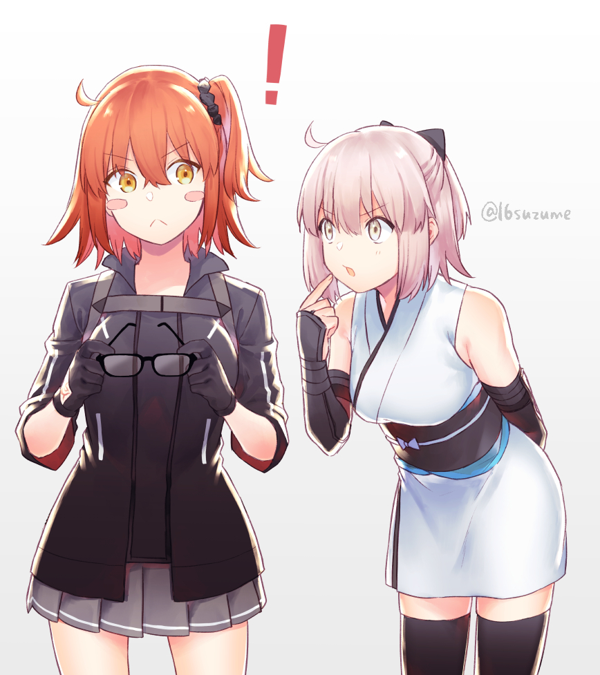 ! 2girls :&lt; ahoge arm_guards bangs bare_legs black_bow black_gloves black_legwear black_shirt blush blush_stickers bow commentary_request cowboy_shot eyebrows_visible_through_hair fate/grand_order fate_(series) fujimaru_ritsuka_(female) gloves grey_skirt hair_between_eyes hair_bow holding holding_eyewear japanese_clothes kimono looking_at_another multiple_girls okita_souji_(fate) okita_souji_(fate)_(all) open_mouth orange_hair pink_eyes pink_hair pleated_skirt pointing pointing_at_self scrunchie shirt short_hair short_kimono side_ponytail simple_background skirt sleeveless sleeveless_kimono somemiya_suzume thigh-highs white_background white_kimono yellow_eyes