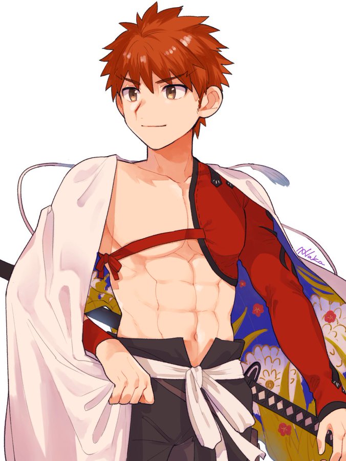 1boy abs emiya_shirou eyebrows_visible_through_hair fate/grand_order fate_(series) japanese_clothes male_focus senji_muramasa_(fate) shitappa simple_background smile solo standing type-moon white_background