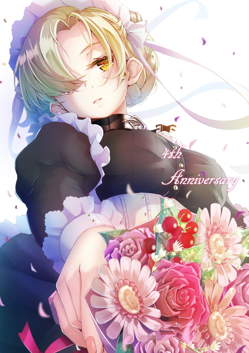 1girl apron azur_lane black_choker black_dress blonde_hair bouquet braid breasts buttons chain choker crown_braid dress flower frilled_apron frills from_below highres imo_bouya large_breasts long_hair looking_at_viewer looking_down nail_polish pink_flower pink_nails red_flower red_rose rose sheffield_(azur_lane) simple_background solo white_apron white_background yellow_eyes