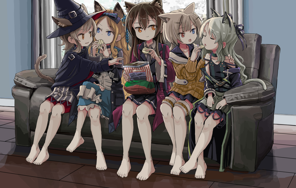 5girls animal_ears arknights barefoot cat_ears cat_girl cat_tail chips closed_eyes eating feeding feet food food_in_mouth hair_ribbon hat haze_(arknights) iris_(arknights) mint_(arknights) multiple_girls nightmare_(arknights) potato_chips ribbon sixten skyfire_(arknights) tail toes trait_connection witch_hat