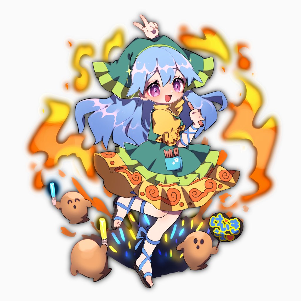 1girl apron arm_ribbon arm_up ayahi_4 bangs blue_hair blue_ribbon breasts brown_footwear brush chibi dress eyebrows_visible_through_hair fire floral_print flower green_apron green_headwear green_scarf hair_between_eyes hands_up haniwa_(statue) haniyasushin_keiki leg_ribbon leg_up long_hair looking_at_viewer medium_breasts open_mouth pocket puffy_short_sleeves puffy_sleeves ribbon sandals scarf short_sleeves simple_background smile solo standing standing_on_one_leg touhou v violet_eyes white_background white_flower yellow_dress yellow_sleeves