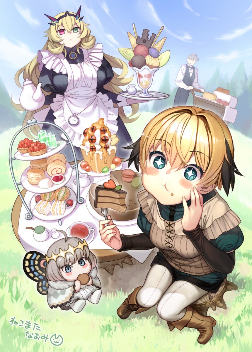 2boys 2girls ahoge apron blonde_hair blush_stickers boots breasts butler butterfly_wings cake chibi cup eating fairy_knight_gawain_(fate) fate/grand_order fate_(series) food gareth_(fate) green_eyes heterochromia highres large_breasts long_hair maid maid_apron multiple_boys multiple_girls nekomata_naomi oberon_(fate) parfait percival_(fate) sandwich sparkling_eyes sweets table teacup tray wings