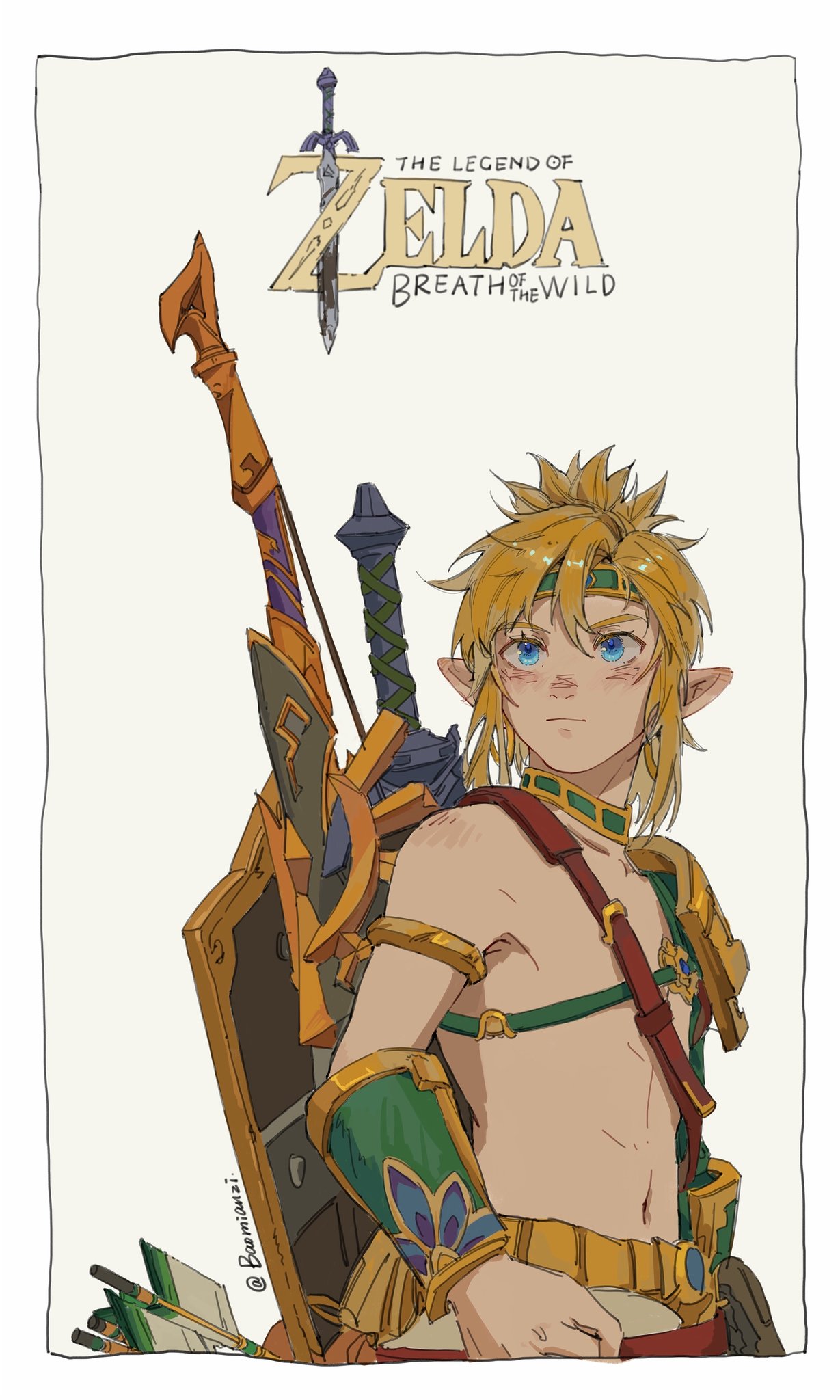 1boy arrow_(projectile) bangs baomianzi blonde_hair blue_eyes blush bow_(weapon) copyright_name desert_voe_set_(zelda) from_side highres link male_focus medium_hair navel official_alternate_costume shield shiny shiny_hair single_bare_shoulder solo the_legend_of_zelda the_legend_of_zelda:_breath_of_the_wild weapon weapon_on_back white_background