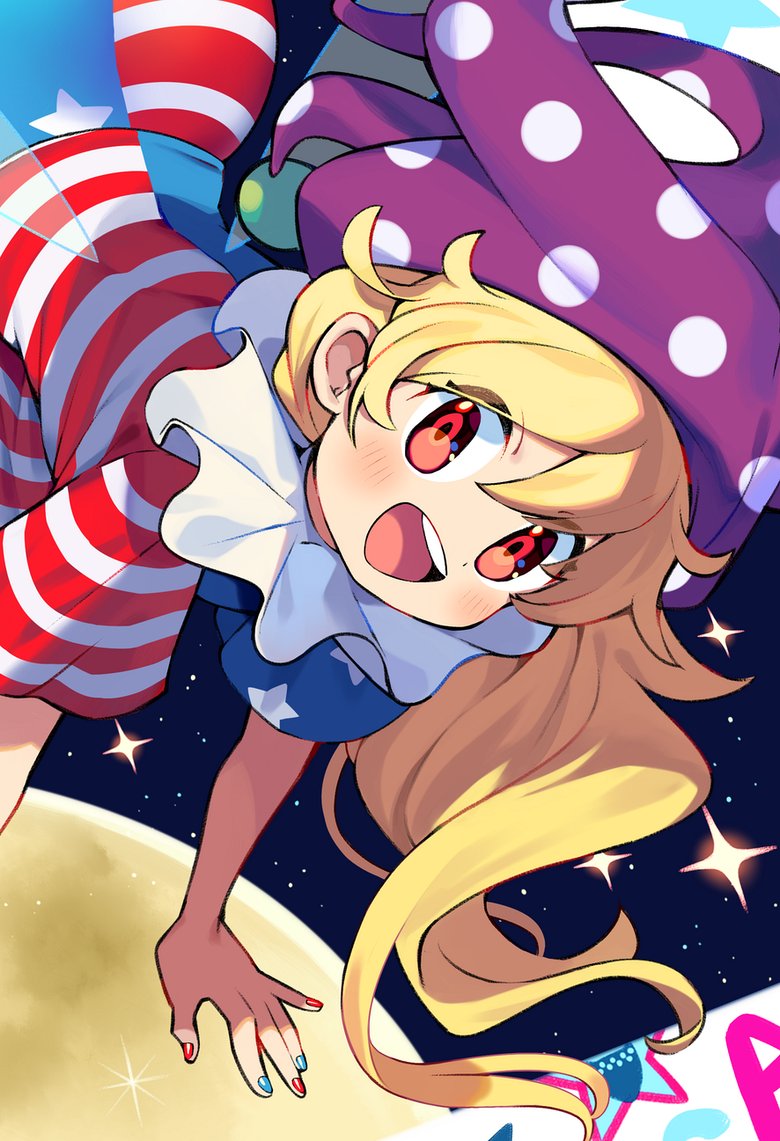 1girl american_flag_shirt bangs blonde_hair blue_nails blue_pants blue_shirt blush clownpiece eyebrows_visible_through_hair eyes_visible_through_hair fairy_wings hair_between_eyes hat iroyopon jester_cap long_hair looking_at_viewer moon multicolored multicolored_clothes multicolored_nails multicolored_pants multicolored_shirt night night_sky open_mouth pants polka_dot purple_headwear red_eyes red_nails red_pants red_shirt shirt short_sleeves sky smile solo star_(sky) star_(symbol) star_print starry_sky striped striped_pants striped_shirt touhou white_pants white_shirt wings