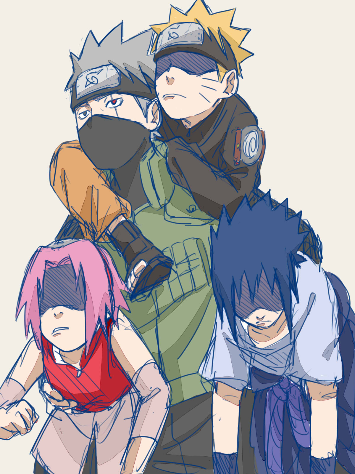 1girl 3boys black_eyes black_hair blonde_hair closed_mouth forehead_protector grey_background grey_hair grey_shirt haruno_sakura hatake_kakashi heterochromia highres jacket long_sleeves mask mouth_mask multiple_boys naruto_(series) naruto_shippuuden ninja ninja_mask open_mouth orange_pants pants pink_hair pinoko_(pnk623) red_eyes red_shirt sandals shaded_face shirt short_hair short_sleeves simple_background sleeveless team7 teeth toes uchiha_sasuke uzumaki_naruto vest