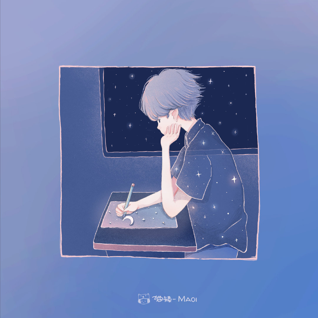 1boy artist_name blue_theme framed glint hand_on_own_cheek hand_on_own_face holding holding_pencil maoi moon_(ornament) pen pencil see-through see-through_skirt short_hair skirt sparkle star_(sky) table