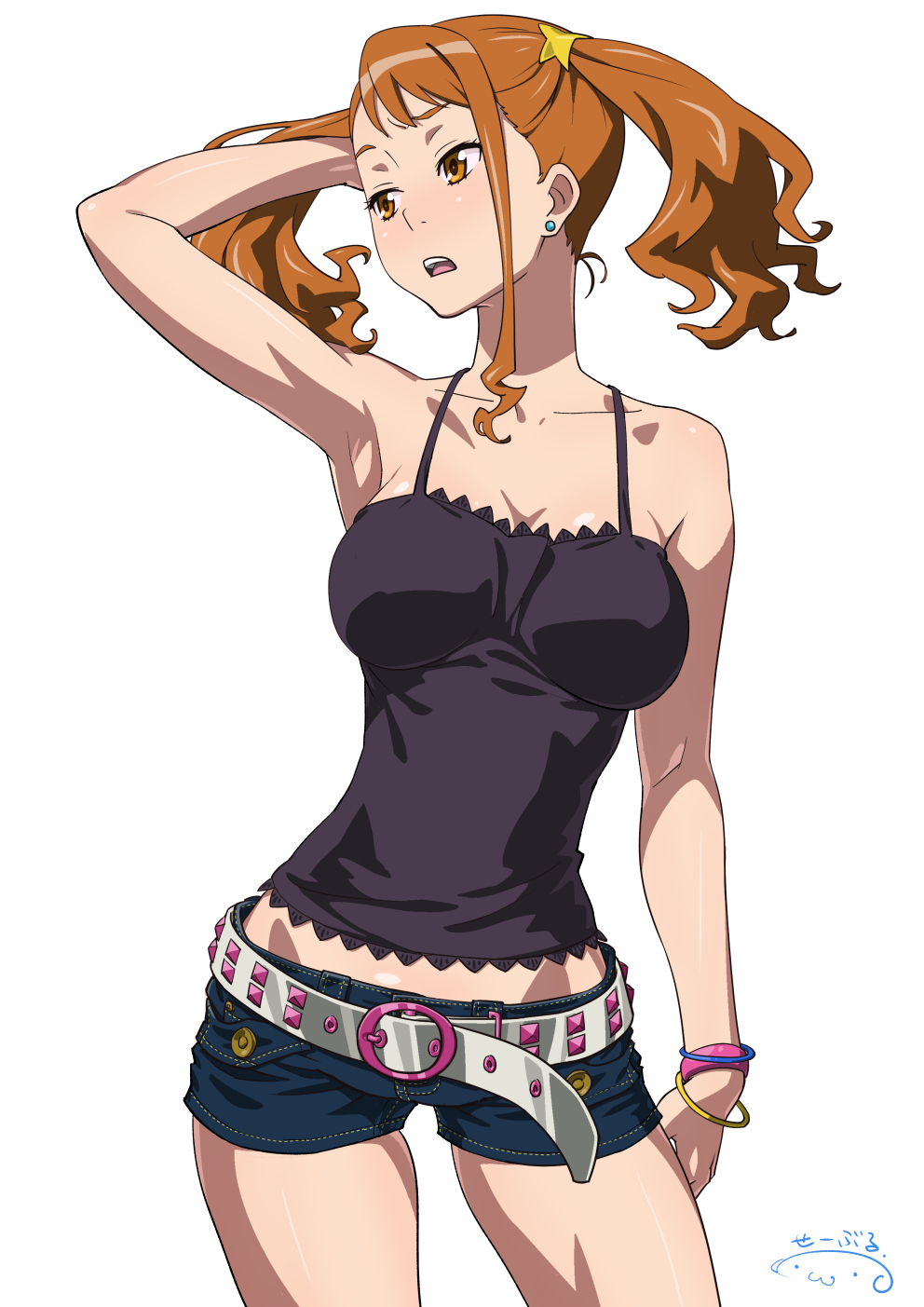 1girl anjou_naruko ano_hi_mita_hana_no_namae_wo_bokutachi_wa_mada_shiranai. arm_at_side arm_up armpits asymmetrical_bangs bangs bare_arms bare_shoulders belt black_camisole blue_shorts bracelet breasts brown_eyes brown_hair camisole chemise collarbone commentary_request denim denim_shorts earrings hand_in_hair highres jewelry large_breasts long_hair looking_to_the_side open_mouth revision short_shorts shorts simple_background solo standing suna twintails white_background