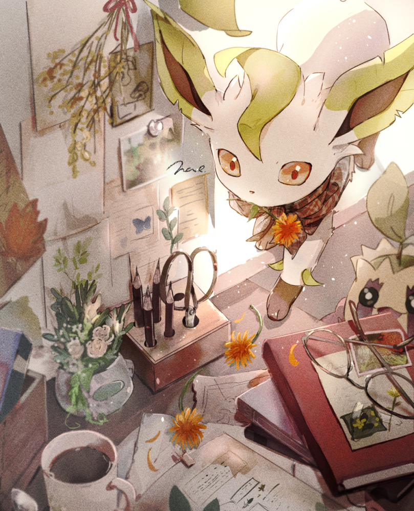 book commentary_request cup flower gen_2_pokemon gen_4_pokemon glasses indoors leafeon liquid mouth_hold mug nao_(naaa_195) no_humans orange_eyes orange_flower pencil photo_(object) plant pokemon pokemon_(creature) pot scissors signature sunkern