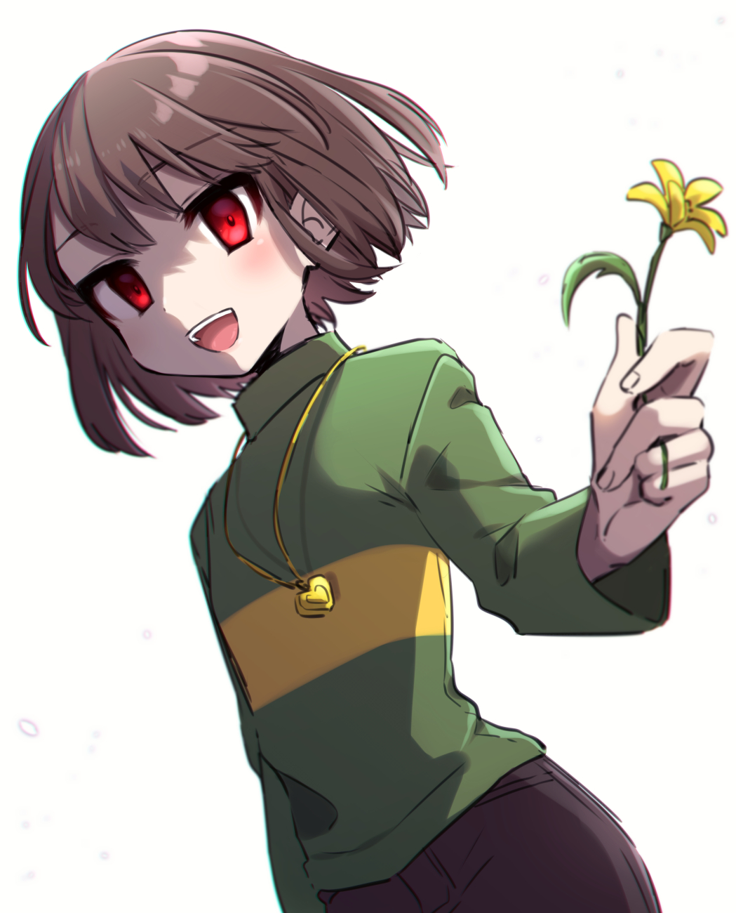 1other bangs blush bob_cut brown_hair brown_pants chara_(undertale) cowboy_shot dutch_angle eyebrows_visible_through_hair flower gold_necklace green_shirt hand_up heart heart_necklace highres holding holding_flower leftporygon long_sleeves looking_at_viewer multicolored_shirt open_mouth pants red_eyes shirt short_hair simple_background smile solo swept_bangs turtleneck undertale upper_teeth white_background yellow_flower yellow_shirt