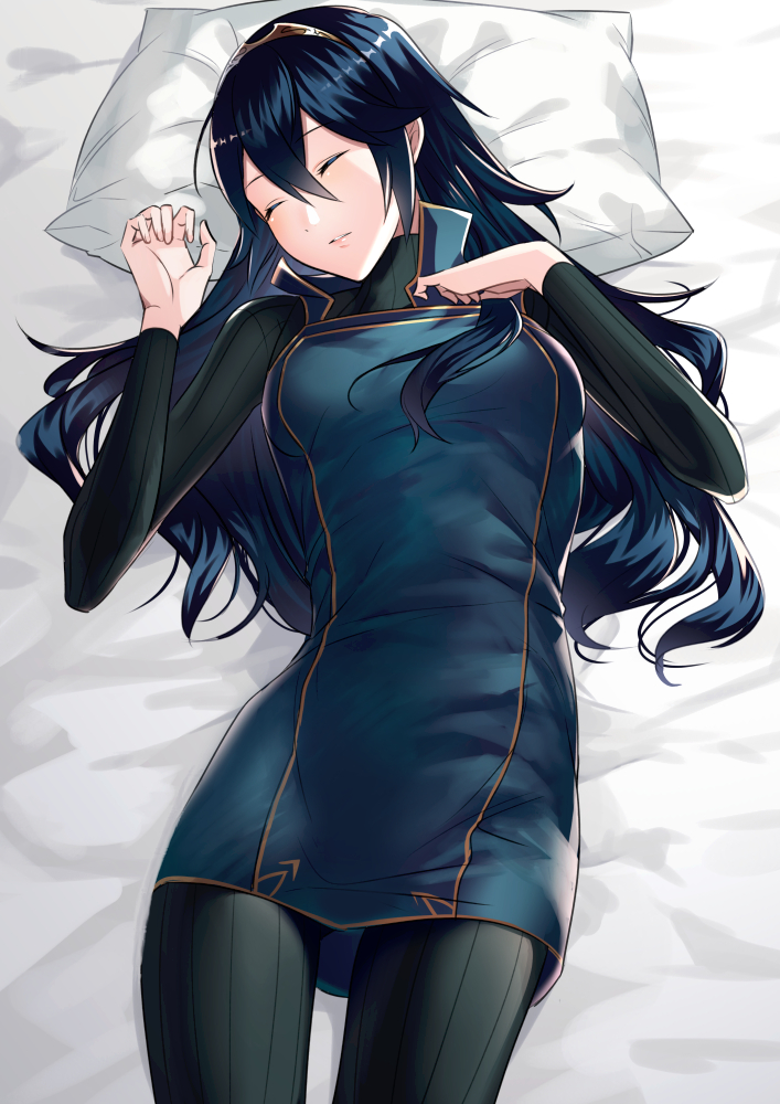 1girl ameno_(a_meno0) bed blue_hair breasts closed_eyes fire_emblem fire_emblem_awakening hair_between_eyes long_hair long_sleeves lucina_(fire_emblem) lying on_back on_bed pantyhose pillow sleeping solo tiara