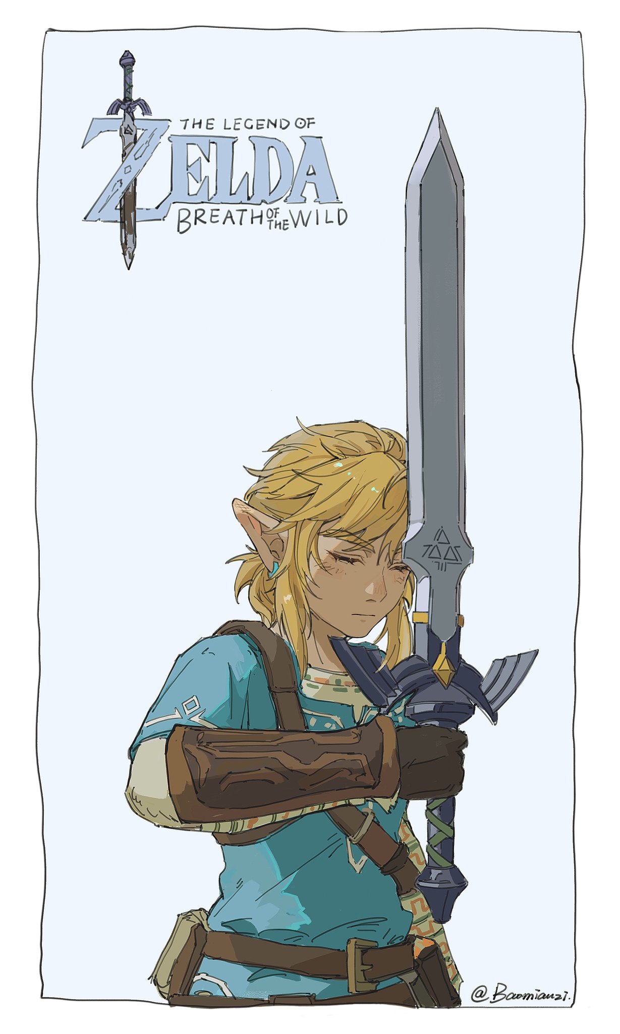 1boy artist_name bangs baomianzi blonde_hair blue_background blue_shirt border brown_gloves closed_eyes closed_mouth copyright_name gloves highres holding holding_sword holding_weapon link male_focus master_sword pointy_ears shirt solo sword the_legend_of_zelda the_legend_of_zelda:_breath_of_the_wild triforce tunic upper_body weapon white_border