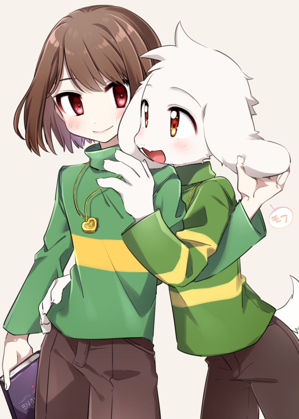 1boy 1other animal_ears asriel_dreemurr bangs blush bob_cut book brown_hair brown_pants chara_(undertale) closed_mouth cowboy_shot fangs furry furry_male gold_necklace green_shirt hand_on_another's_hip hand_up heart heart_necklace highres holding holding_book holding_ears leftporygon long_sleeves looking_at_another multicolored_shirt open_mouth orange_eyes pants pink_background red_eyes shirt short_hair simple_background skin_fangs smile standing swept_bangs tail tareme tsurime turtleneck undertale white_fur yellow_shirt