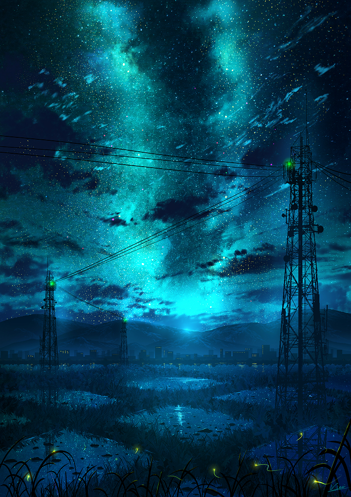 building clouds commentary_request fireflies glowing light_trail milky_way mountain mountainous_horizon no_humans original power_lines reflection rice_paddy scenery sky star_(sky) starry_sky vinci_v7 water