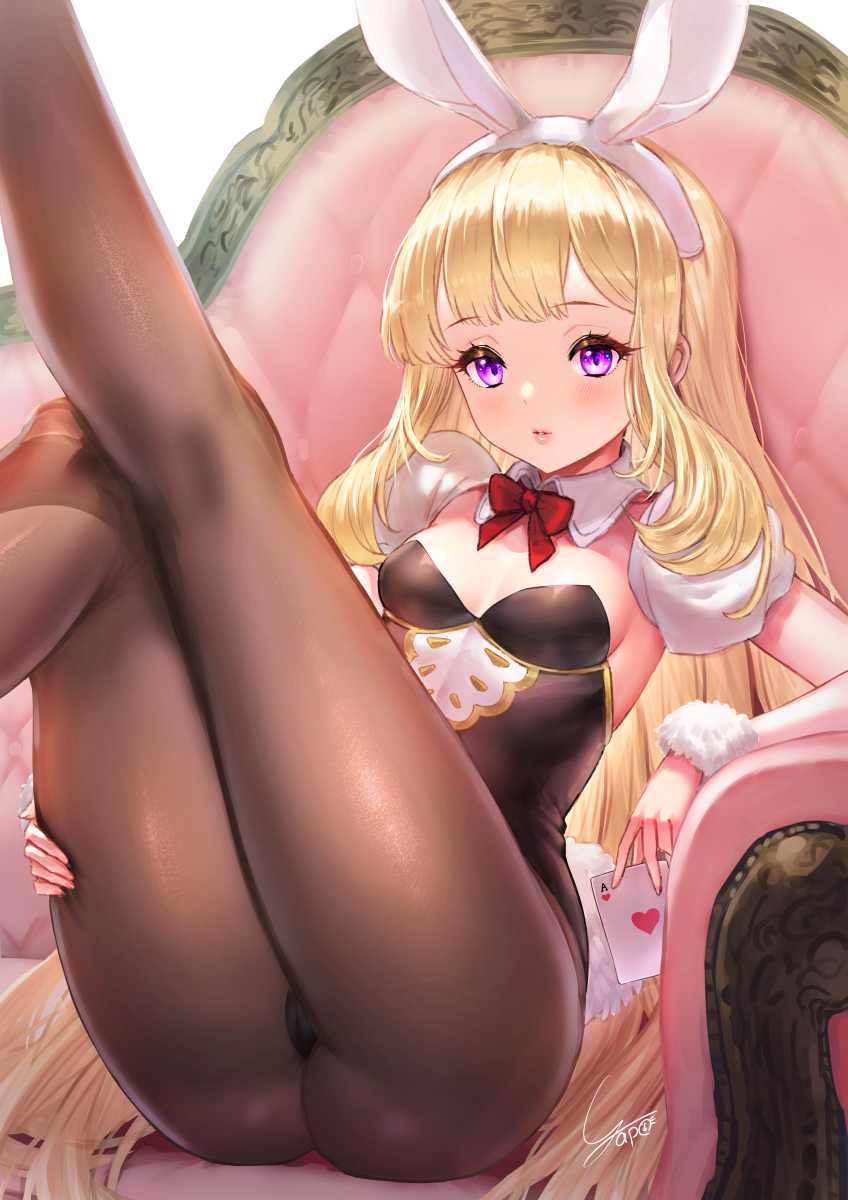 1girl alternate_costume animal_ears ass bangs black_legwear blonde_hair blush bow bowtie breasts cagliostro_(granblue_fantasy) card detached_collar detached_sleeves fake_animal_ears granblue_fantasy highres long_hair pantyhose parted_lips playboy_bunny playing_card puffy_sleeves rabbit_ears signature sitting small_breasts solo violet_eyes yapo_(croquis_side)