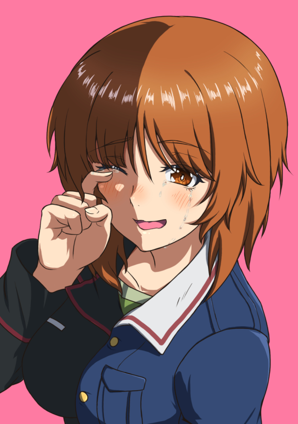 1girl ada_badguy bangs black_jacket blue_jacket brown_eyes brown_hair commentary eyebrows_visible_through_hair girls_und_panzer green_shirt happy_tears jacket kuromorimine_military_uniform long_sleeves looking_at_viewer military military_uniform nishizumi_miho one_eye_closed ooarai_military_uniform open_mouth pink_background shirt short_hair simple_background smile solo tears uniform upper_body wiping_tears
