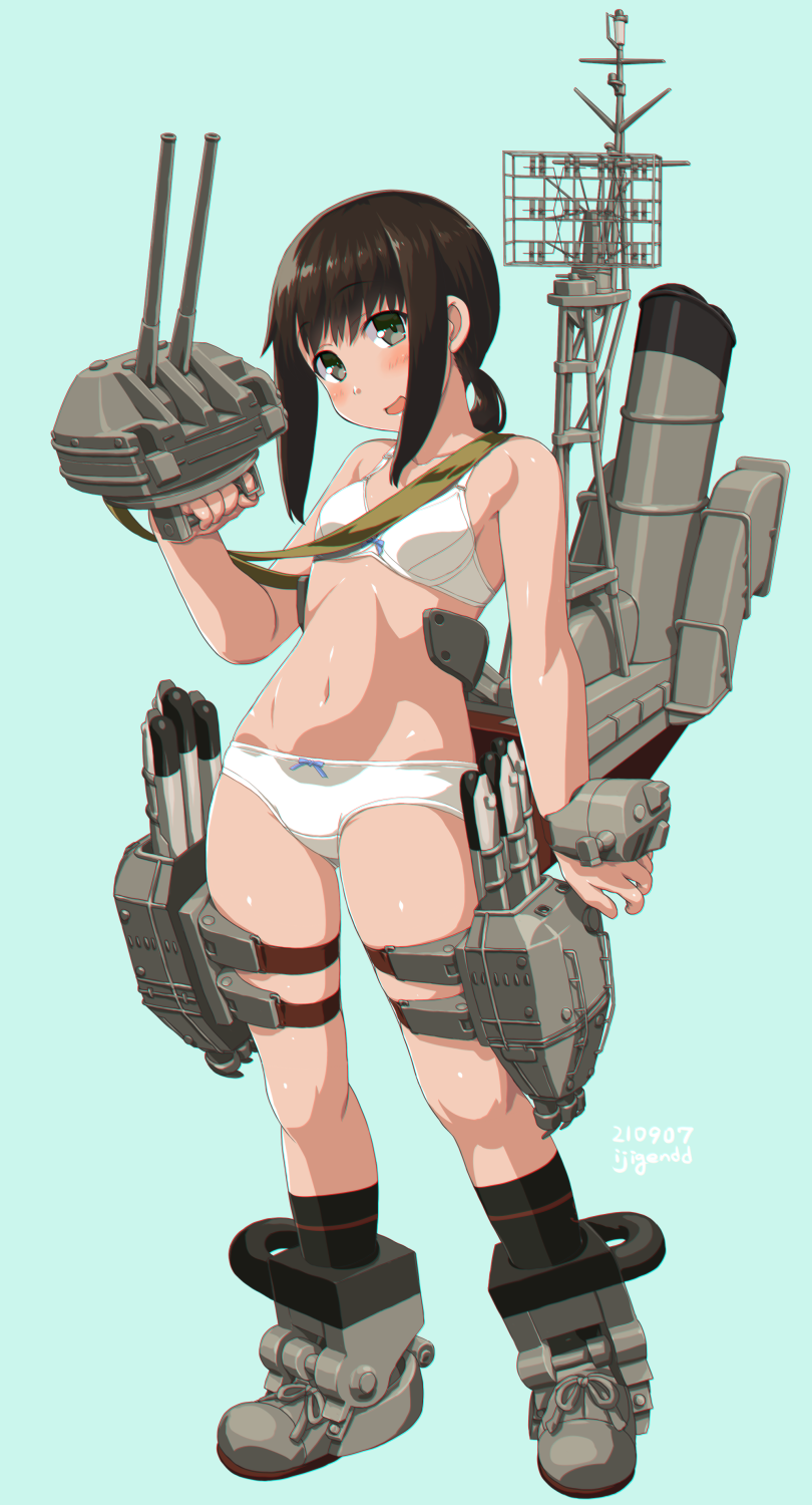 1girl adapted_turret black_hair blush bra breasts cannon dd_(ijigendd) fubuki_(kancolle) full_body green_eyes highres kantai_collection looking_at_viewer low_ponytail one-open_mouth panties ponytail revision rigging short_ponytail sidelocks small_breasts smokestack solo standing torpedo torpedo_launcher torpedo_tubes underwear underwear_only white_bra white_panties