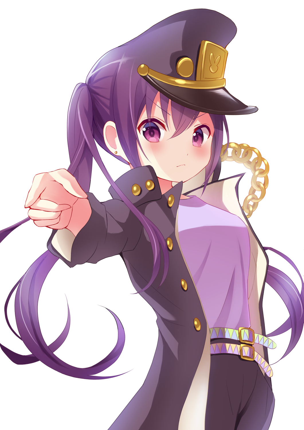 1girl belt belt_buckle black_coat black_pants blush buckle chain closed_mouth coat cosplay earrings floating_hair gakuran gochuumon_wa_usagi_desu_ka? highres jewelry jojo_no_kimyou_na_bouken kujo_jotaro kujo_jotaro_(cosplay) long_hair long_sleeves looking_at_viewer open_clothes open_coat pants pointing purple_hair purple_shirt school_uniform shiny shiny_hair shirt simple_background solo standing tedeza_rize tyururururu very_long_hair violet_eyes white_background