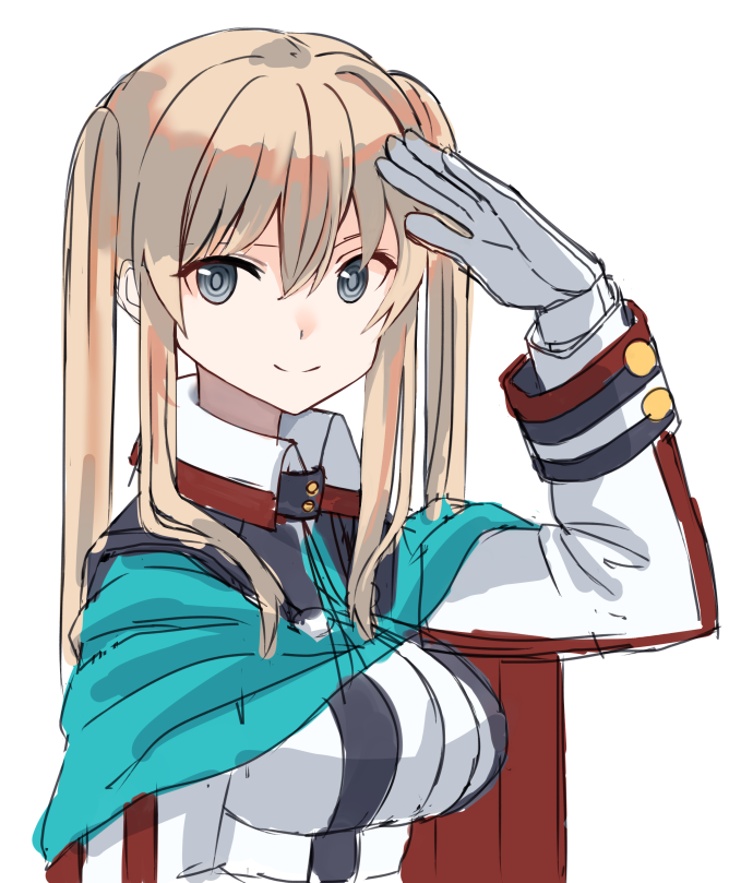 1girl blonde_hair blue_cape cape closed_mouth fictional_persona gloves graf_zeppelin_(kancolle) grey_eyes hand_up kantai_collection long_sleeves looking_at_viewer luicent quad_tails red_cape salute sidelocks simple_background smile solo twintails two-sided_cape two-sided_fabric upper_body white_background white_gloves
