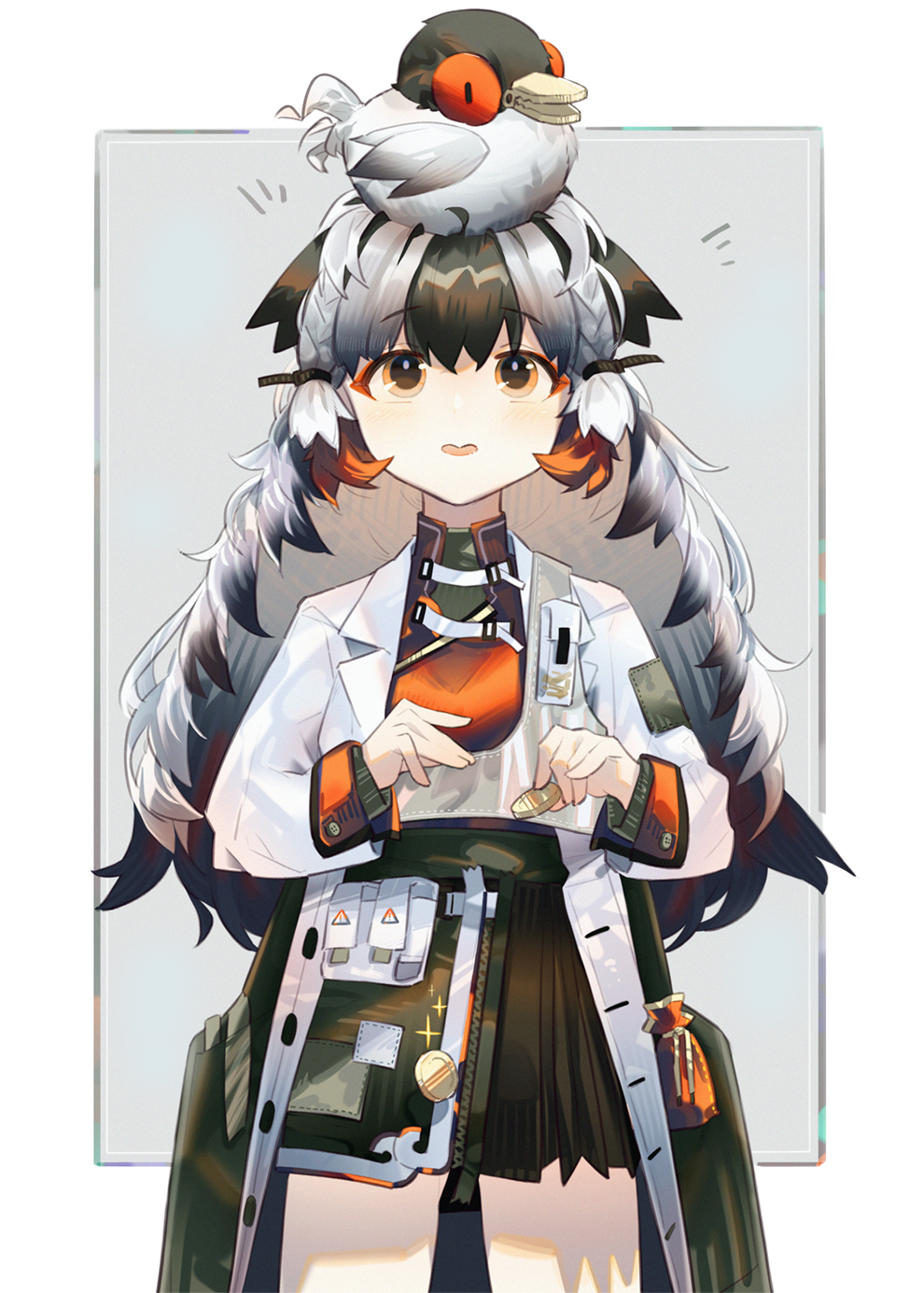 1girl animal_on_head arknights bangs bird bird_on_head black_skirt chinese_commentary coat coin commentary_request cowboy_shot cuicuijiao dilated_pupils eyebrows_visible_through_hair eyeshadow grey_background grey_hair highres holding holding_coin long_hair long_sleeves makeup multicolored_hair on_head orange_eyes orange_eyeshadow parted_lips skirt snowsant_(arknights) solo sparkle streaked_hair two-tone_background two-tone_hair white_background white_coat