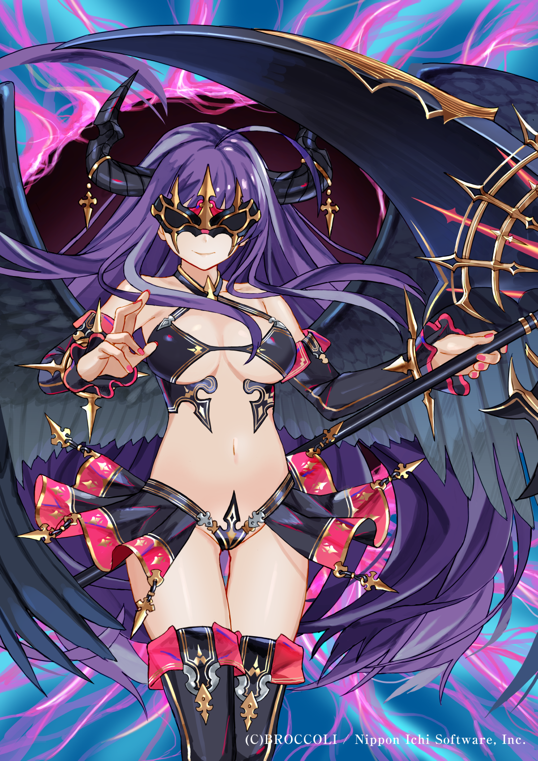 1girl bikini black_bikini black_legwear black_skirt black_wings boots breasts closed_mouth covered_eyes eye_mask facing_viewer feathered_wings fingernails fold-over_boots hands_up highres holding holding_scythe horns large_breasts long_hair luicent mask nail_polish navel pink_nails purple_hair scythe showgirl_skirt skirt smile smug solo spread_wings standing swimsuit thigh-highs thigh_boots thigh_strap very_long_hair watermark wings z/x