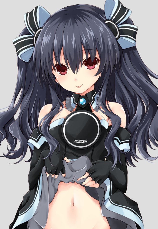 1girl bare_shoulders black_dress black_gloves black_hair blush clothes_lift dress dress_lift elbow_gloves fingerless_gloves gloves grey_background hair_between_eyes hair_ribbon iwashi_dorobou_-r- lifted_by_self long_hair looking_at_viewer navel neptune_(series) open_mouth red_eyes ribbon self_exposure simple_background smile solo tongue tongue_out two_side_up uni_(neptune_series)
