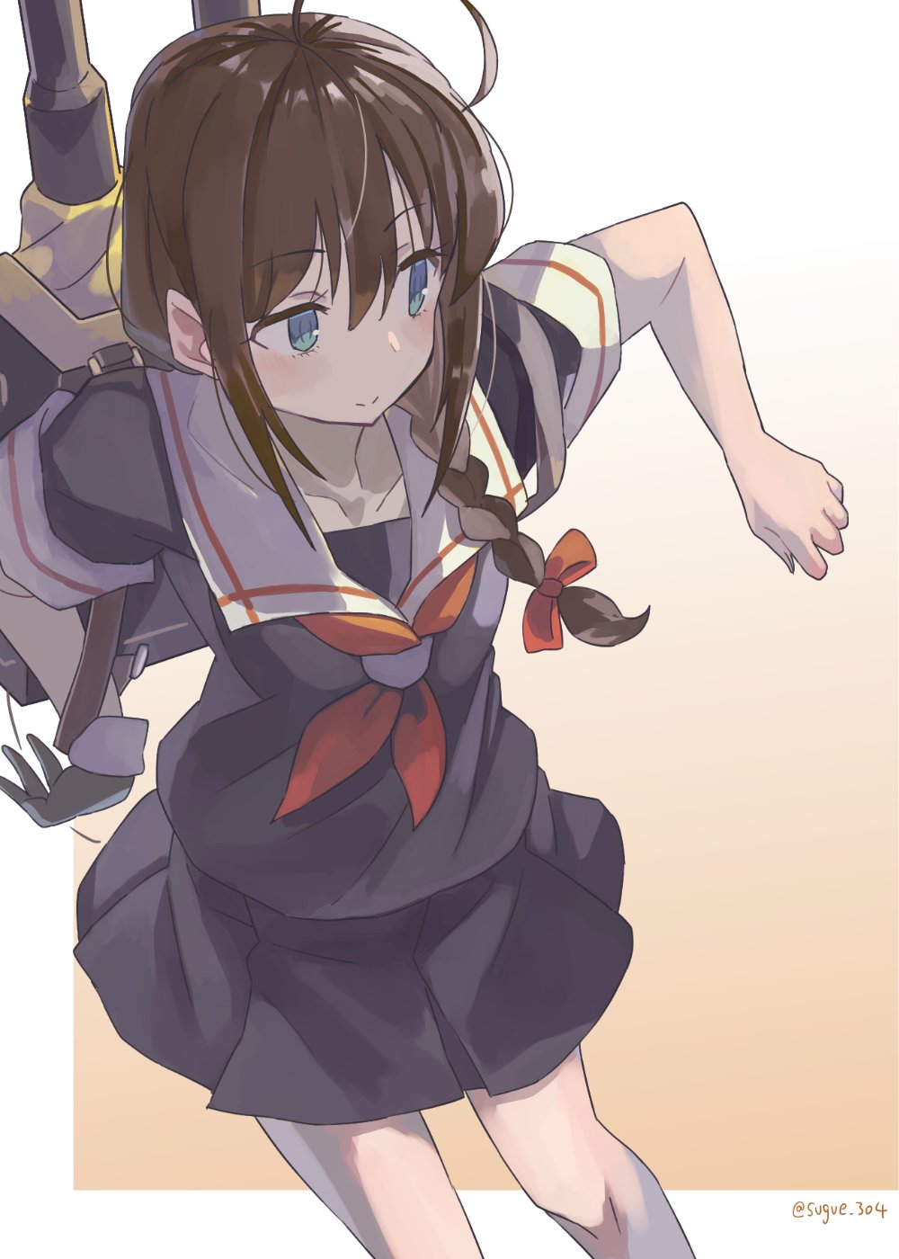 1girl ahoge black_serafuku black_skirt blue_eyes braid brown_hair closed_mouth collarbone eyebrows_visible_through_hair feet_out_of_frame hair_between_eyes highres kantai_collection long_hair machinery neckerchief pleated_skirt red_neckwear rigging school_uniform serafuku shigure_(kancolle) short_sleeves single_braid skirt smile solo sugue_tettou turret twitter_username